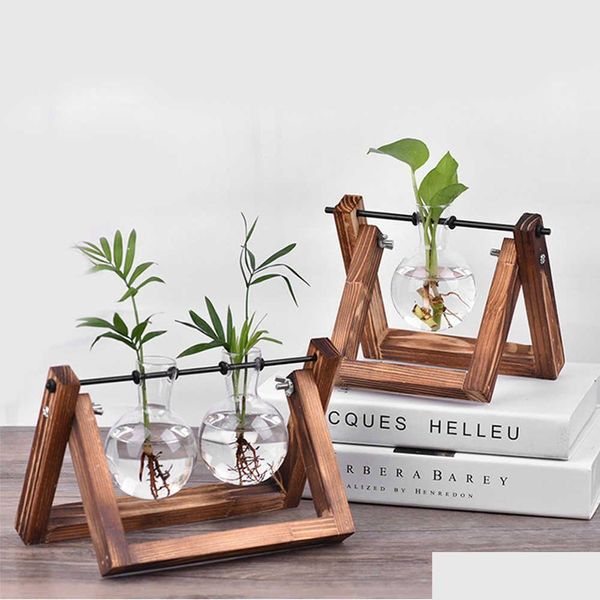 Pflanzgefäße Töpfe Wituse Blumentopf Blumentöpfe Vintage Holzständer Klare Mini-BB-Vase Glaspflanzer für Zuhause Hochzeitsdekoration 210712 Drop De Othqx