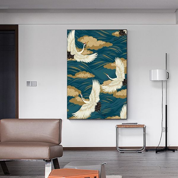 Chinesischer Stil Kran und Wolken Kunst Leinwand Malerei Abstrakte Vogel Poster und Drucke Wandkunst Bild für Wohnzimmer Dekoration