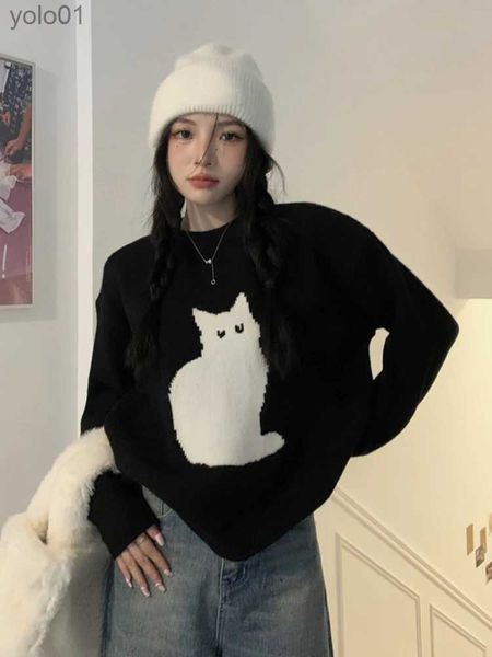 Kadın Sweaters Ezgaga Tatlı Sweater Külot Kadın Karikatür Kedi Pullover Sonbahar Kış Giyim Gevşek Vintage Örme Üstler Fe Fashionl231121