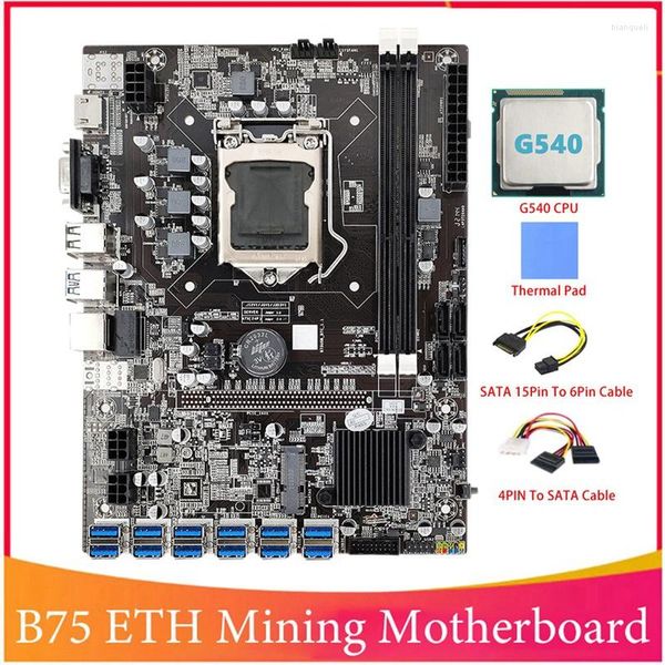 Placas -mãe -B75 BTC Mining Motherboard com G540 CPU 4pin para SATA Cable LGA1155 12 PCIE USB MSATA DDR3 B75