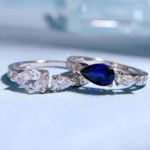 Кластерные кольца 2023 S925 Серебряное имитация сапфир 5 8 Грушевообразные голубые бриллиантовые кольцо в Европе и Америке
