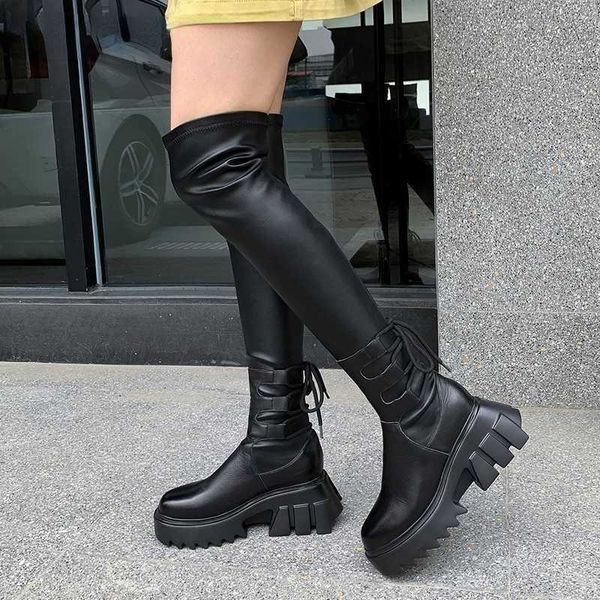 Botas de couro sexy coxa botas altas mulheres pretas de preto sobre as botas de joelho para mulheres redondo sapatos longos sapatos grossos Botas Mujer AA230412