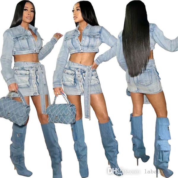 Denim Cargo Zweiteiliges Kleid Set Frauen Streetwear Sexy Trainingsanzug Langarm Einreiher Crop Jacken Top und Taschen Gürtel Minirock Set 2-teilige Anzüge