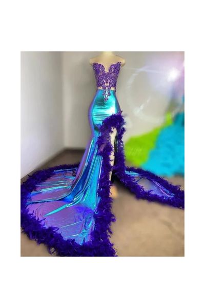 Diamanten sexy lila mermaid prom Kleider Perlen Kristalle Federn Abendkleider schwarzes Mädchen Roben de Bal Gala Geburtstagsfeier