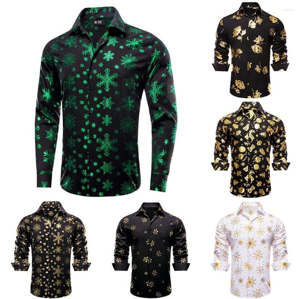 Camisas de vestido masculinas Natal Preto Verde Seda Mens Primavera Outono Manga Longa Lapela Camisa Slim Fit Blusa Para Masculino Designer Business Hi-Tie