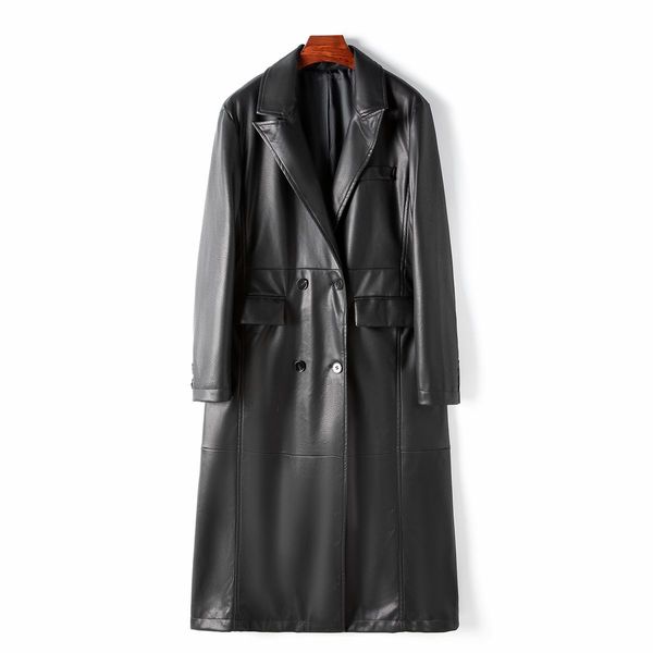 Casaco longo de couro genuíno de pele de carneiro, jaqueta corta-vento feminina, roupas de primavera, sobretudo preto