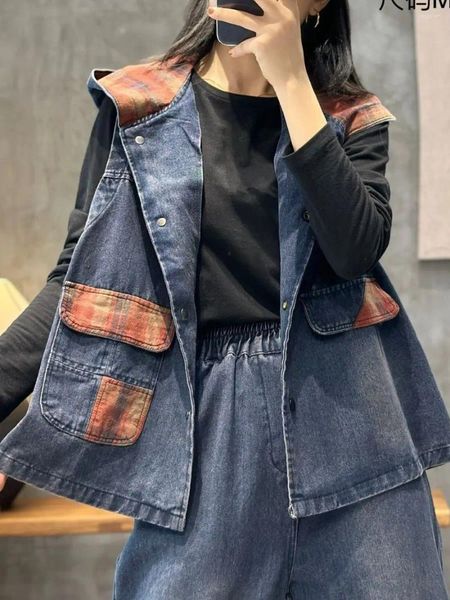 Coletes femininos mulher outono com capuz vintage literário simples remendo retalhos bolso colete solto sem mangas único breasted denim colete topo