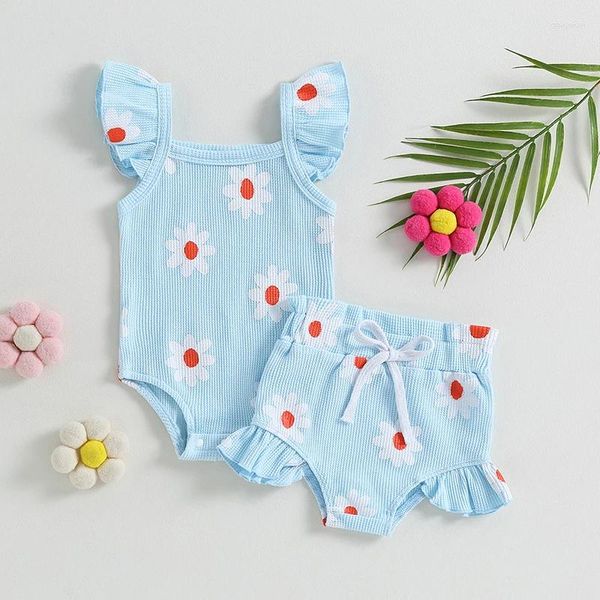 Conjuntos de roupas bebê menina verão moda floral macacão casual conjunto impressão voando sem mangas macacão e plissado shorts outfit