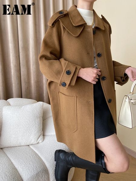 Damen Wollmischungen EAM Loose Fit Camel Pocket Big Size Warmer Wollmantel Revers Langarm Damenjacke Mode Herbst Winter 1DH0895 231102