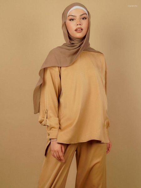 Ethnische Kleidung Moslem-Sets 2-teilige schlichte Satin-Frauen-passende Anzugoberteile mit langen Hosentaschen mit weitem Bein Islam Dubai Türkei Bescheidenes Outfit
