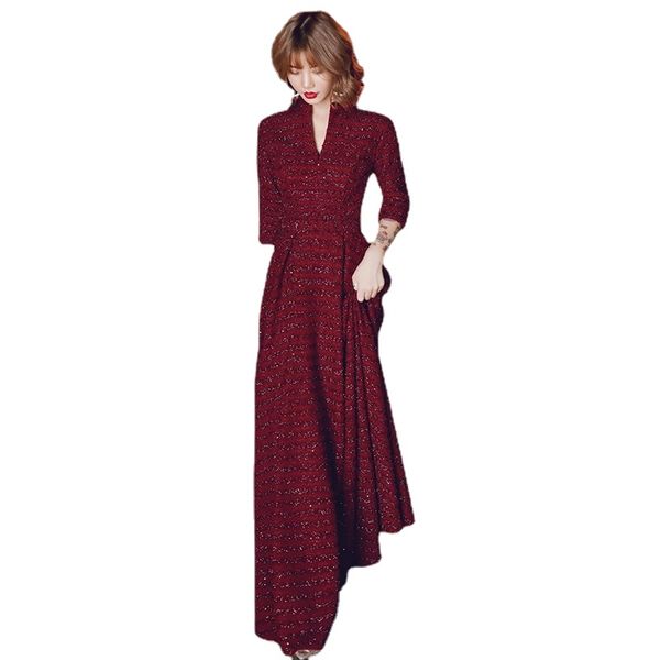 Vintage Burgund Abendkleider V-Ausschnitt Sexy Spitze Frauen Partykleid Lange Abendkleider