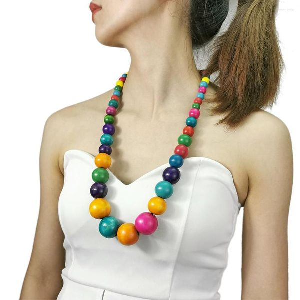 Catene Colorate Grandi Perle Di Legno Collana Lunga Per Le Donne Decorazioni Di Perline Di Legno Della Boemia Dichiarazione Gioielli Di Moda Collier UKEN