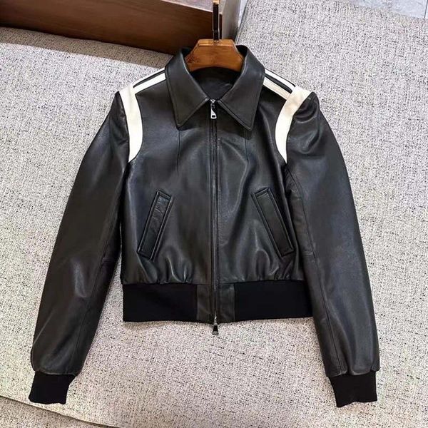 Kadınlar Deri 2023Leather Coat Dönüş Kısa Ceket Kadın Gerçek Koyun Dinini Bahar Sonbahar Tam Kollu Giysiler Kadın Birleştirilmiş C