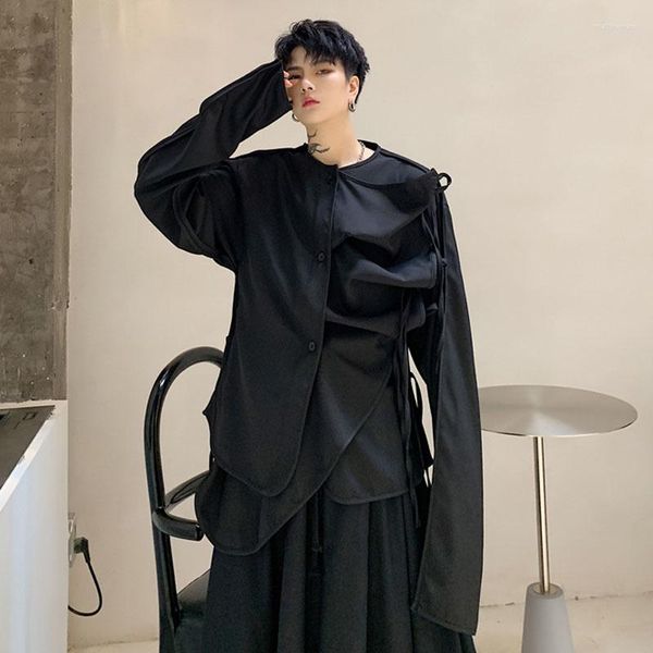 Camicie casual da uomo Uomini irregolari Piega il nastro Giuntura Manica lunga Camicia nera Maschile Stile giapponese Streetwear Abbigliamento da palcoscenico gotico punk