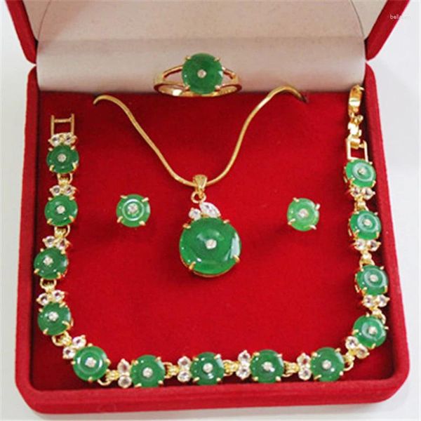 Colar brincos conjunto de contas de pedra verde jóias círculo redondo pingente de cristal pulseira anel conjuntos para mulheres noiva festa de casamento