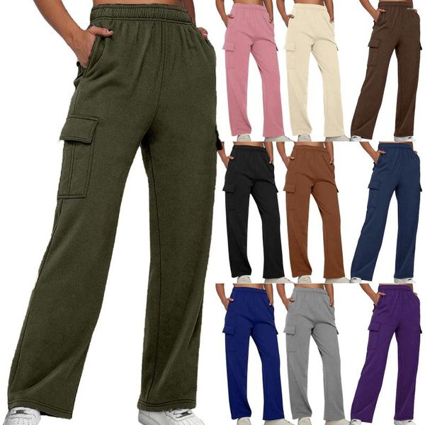 Pantaloncini attivi Gamba dritta ampia da donna tinta unita con tasche Pantaloni casual da donna Pantaloni sportivi alti in pile da lavoro