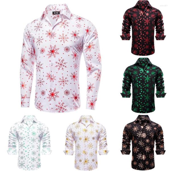 Camisas de vestido masculinas Hi-Tie Silk Men Camisa Moda Natal Branco Vermelho Manga Longa Lapela Slim Fit Blusa Para Masculino Party Business Designer