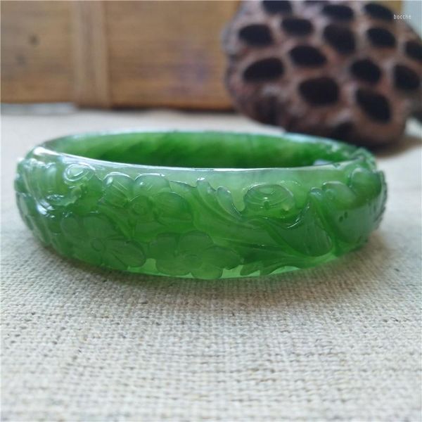 Bangle Natural Green Jade Handcarved Lotus Jadeite Jasper Bracciali Donna Braccialetti Gioielli