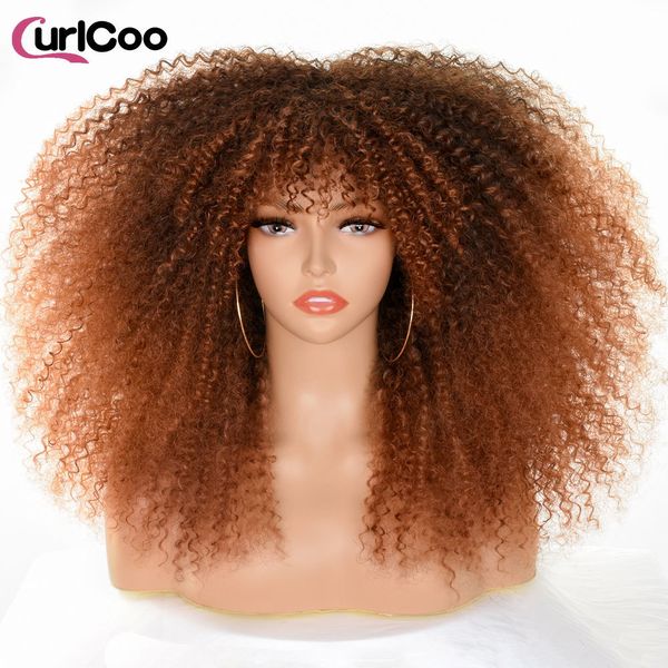 Parrucche Cosplay Parrucche afro ricci per donne nere Parrucca riccia afro crespa da nero a marrone con frangia Capelli cosplay senza colla in fibra sintetica da 18 pollici 230413