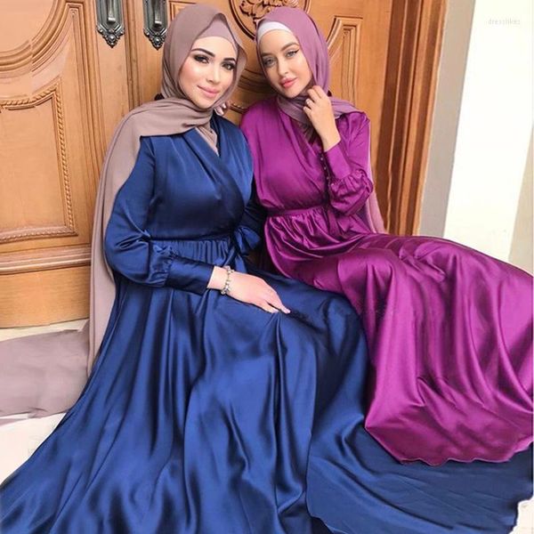 Abbigliamento etnico Ramadan Abito lungo in raso Abaya Moda Donna Scollo incrociato Cintura Hijab musulmano Abito da notte Abito da festa Dubai Turchia