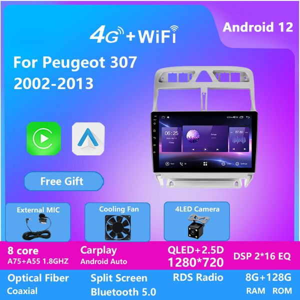 10.1inch Video Android 12 8 Çekirdek Otomobil Multimedya Ses Sistemi Peugeot için GPS Navigasyonu 307 2002-2013 DVD Player