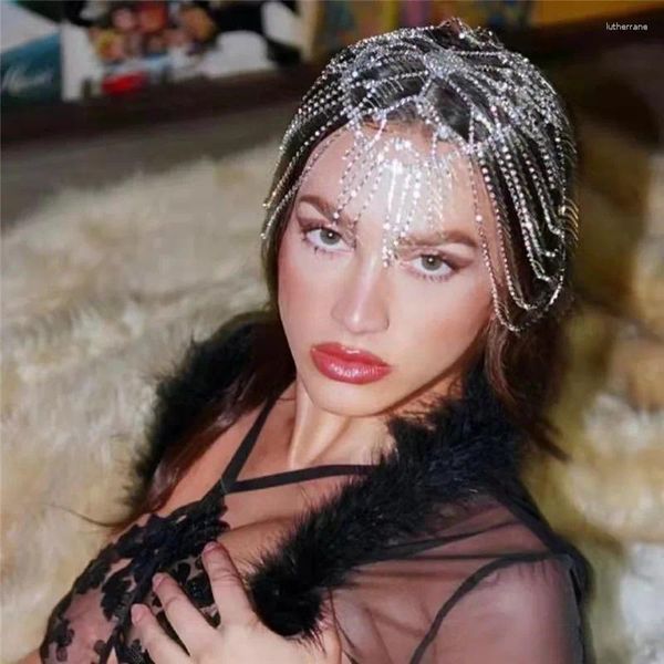Grampos de cabelo flash longo borla corrente strass cabeça para mulheres boate cristal bandana chapéu headpiece jóias
