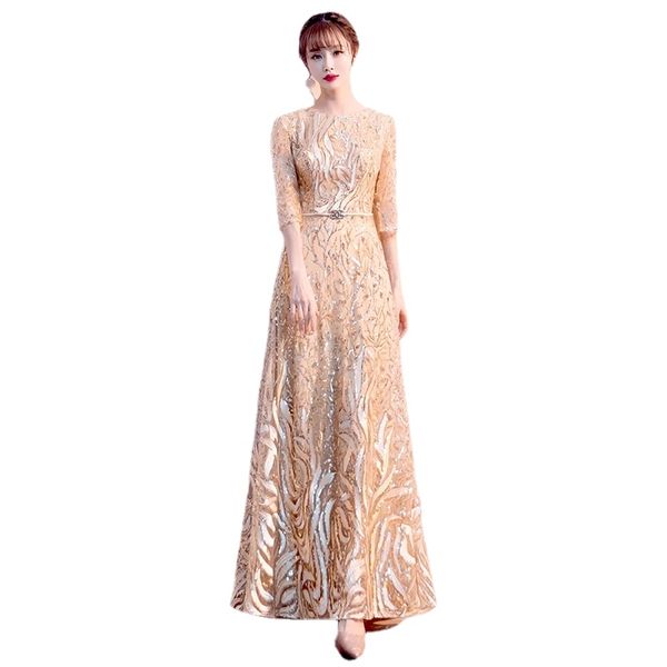 RU109 Gold Langes Abendkleid Elegante Robe De Soiree Reißverschluss Damen Partykleider Plus Größe O Hals Pailletten Formale Kleider