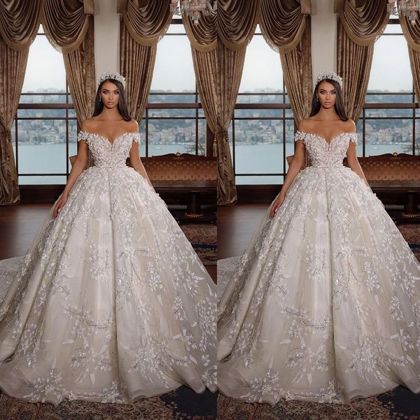 Modesto abito da sposa con spalle scoperte Appliques di pizzo Abiti da sposa Abito da sposa senza maniche con paillettes