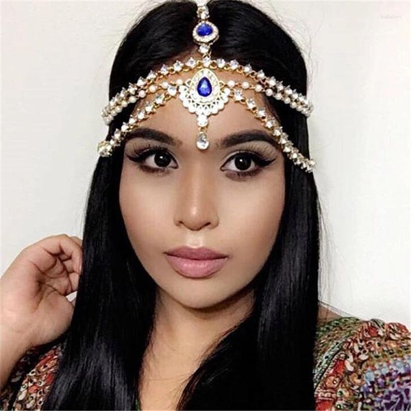 Saç klipleri moda enfes mavi rhinestone zirkon kolye baş zinciri bayanlar boho kaş gelini düğün şenlikli tiara takılar