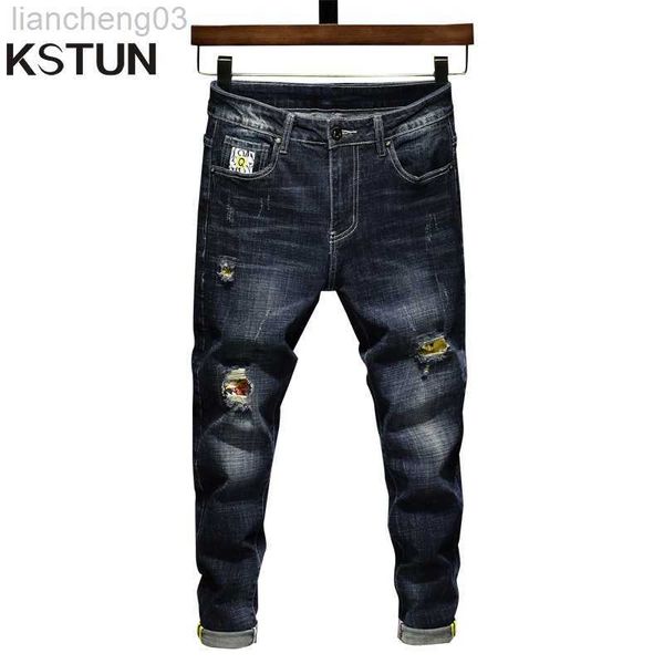 Jeans masculino jeans jeans de jeans jeans azul escuro jeans rasgados para meninos slim fit moda streetwear calças destruídas jeans de jeans w0413
