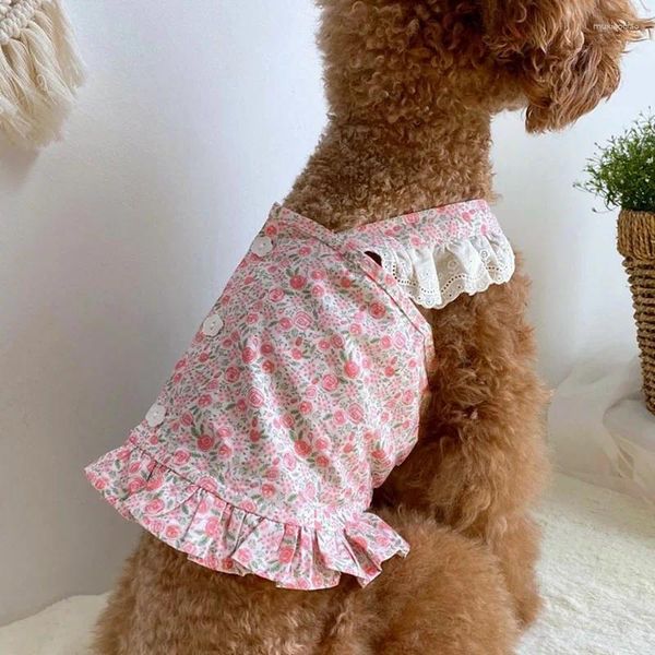 Vestuário para cães impresso rosa laço colete gato filhote de cachorro roupas verão fino chihuahua yorkshire saia suspensórios