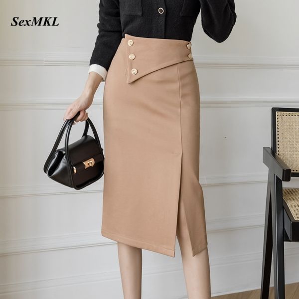 Юбки женщины с высокой талией юбки карандашом мода Длина колена Черная офисная юбка с высокой талией корейская кнопка одежды Bodycon красная юбка 230413
