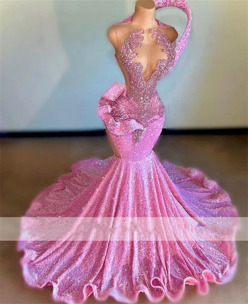 Sexy Diamonds Long Pink Prom Dresses For Black Girl 2024 Sparkly Beads Crystals Rhinestones Luxury Birthday Party Gowns Robe De Bal