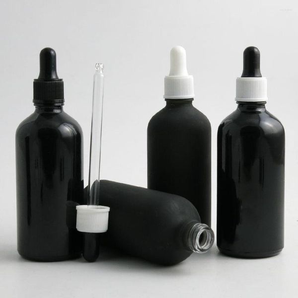 Vorratsflaschen 360 x 100 ml tragbare mattierte/glatte schwarze Glasflasche mit ätherischen Ölen mit weißem Tropfen 100 cc E-Liquid-Kosmetikbehälter