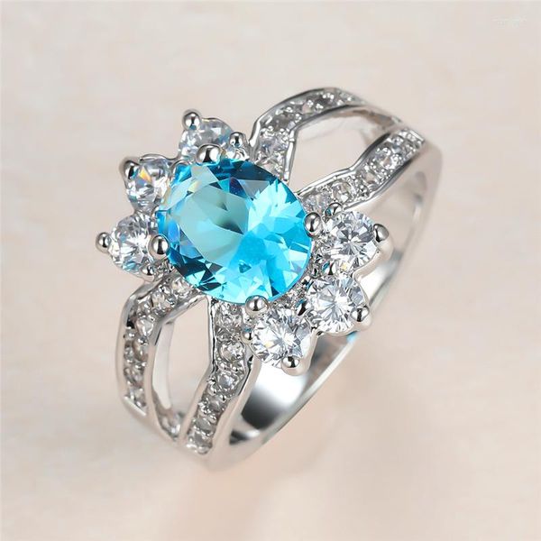 Anéis de casamento Candy Shape Aqua Blue Stone For Women Silver Color Oval Bandas de zircão Anel de noivado vintage Jóias da mãe