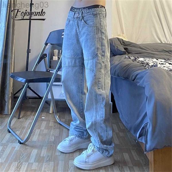 Jeans masculinos fojaganto calças jeans masculinas Maré nacional retro jeans de perna larga de perna larga casual casual casual high street calça de jeans masculino w0413