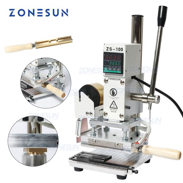 ZONESUN ZS-100 Neue manuelle Lederpapier-Holzprägemaschine mit Heißfolienprägemaschine für Maßlinienbuchstaben