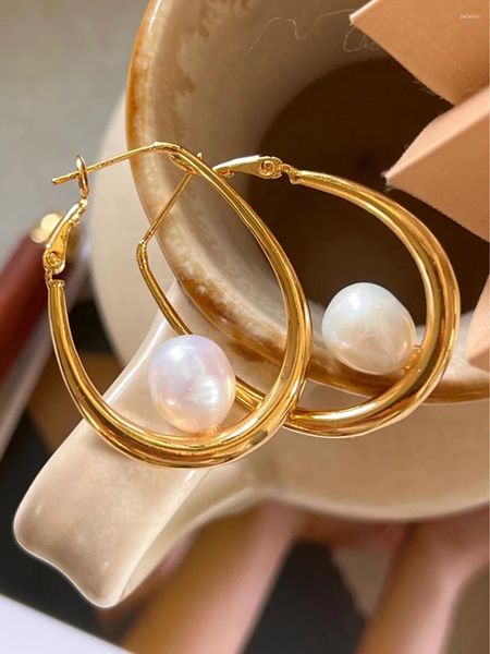 Orecchini pendenti Grande perla d'acqua dolce ovale per donna Cerchio classico Semplice romanticismo Fine Eardrop