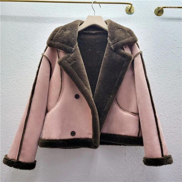 Pelle da donna Autunno Inverno Donna Calda fodera in lana d'agnello sintetica Giacca in pelliccia scamosciata Risvolto Doppiopetto Casual Biker Streetwear Rosa