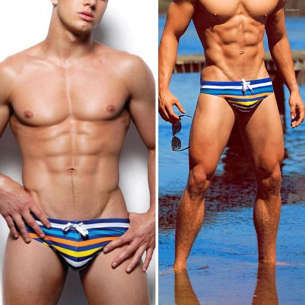 Unterhose Herren Sexy Mode Gestreifter Druck Sommer Strandurlaub Dreieck Bademode Shorts Tanga Badeanzug String Porno Bikini Badehose