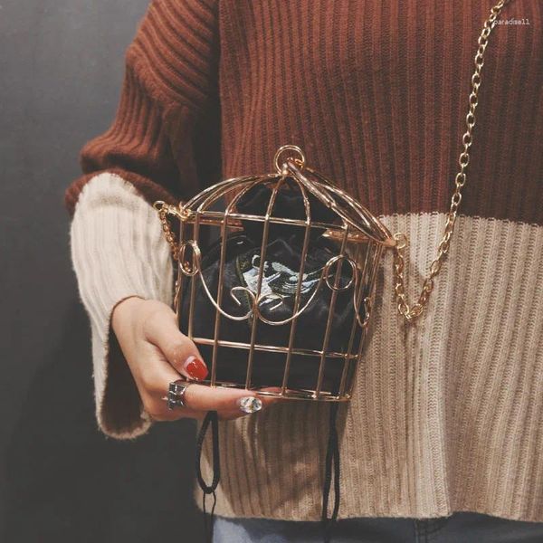 Sacos de noite Mulheres Birdcage Bag Clutch Metal Frame Bordado Balde Bird Cage Mini Bolsa Mulheres Gold Tassel Bolsa