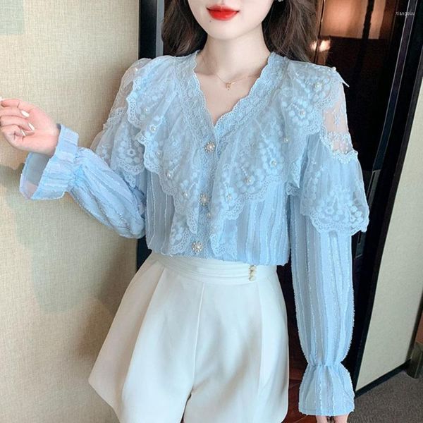 Damen Blusen Frühling Koreanisch Süße Kleidung Spitze Rüschen Damenmode V-Ausschnitt Damen Tops Vintage Chiffon Hemden Blusas Mujer 2023