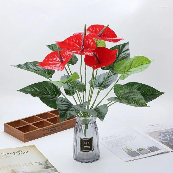 Flores decorativas flor artificial planta verde 18 garfo antúrio andraeanum decoração de mesa para casa vaso falso