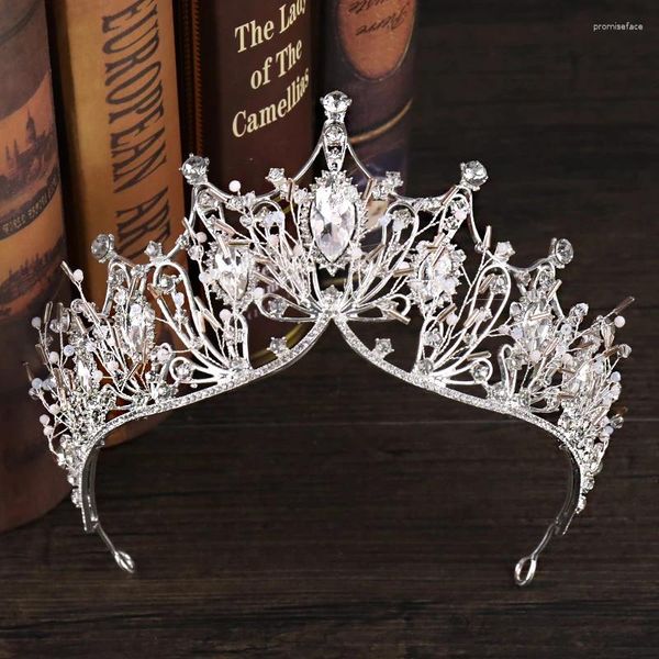 Saç klipsleri vintage gümüş renk büyük taç lüks barok kristal düğün süsleri kafa bantları gelin tiaras ve kronlar