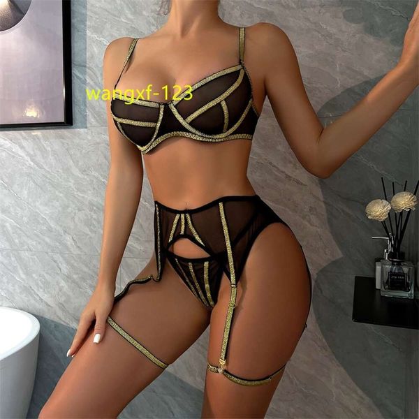 Conjunto de 3 peças de lingerie com glitter, tule transparente, fino, íntimo, sem costura, kit de sutiã feminino transparente, roupa íntima sexy