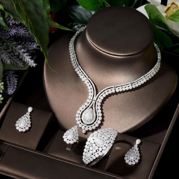 Collana Orecchini Set HIBRIDE Brillante Cubic Zirconia 4 pezzi Set da sposa da sposa Moda Nigeria Perline Conjuntos De Mujer Elegante S-044