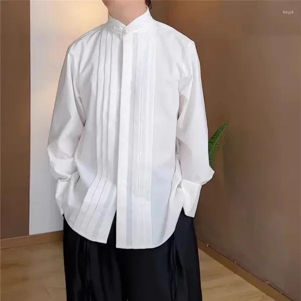 Camicie casual da uomo Camicia ampia a maniche lunghe multipiega non stirabile colletto alla coreana di grandi dimensioni tinta unita