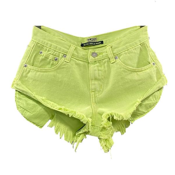Shorts femininos verão mulheres fruta verde denim shorts sexy baixo-rise a linha tassel calças curtas senhoras moda personalidade bolso rosa 230413