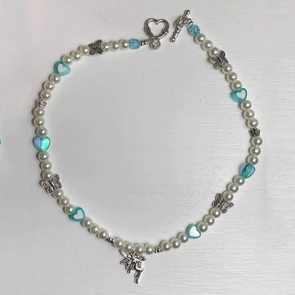 Anhänger Halsketten Blaue Herzen Schmetterling Blumen Fee Charm 90er Jahre Stil Perlen Perlenkette Halsband Für Frauen Y2k