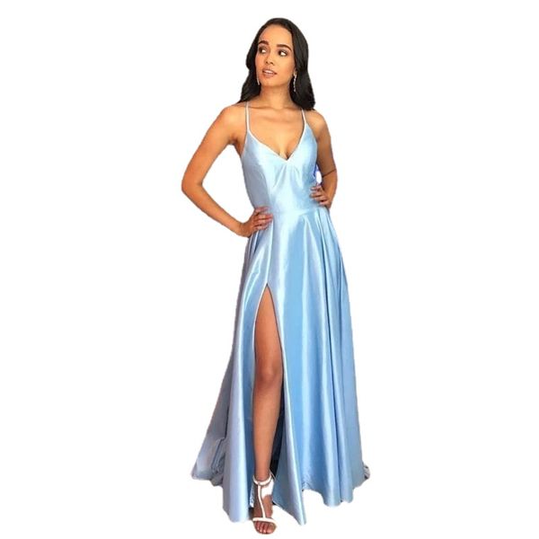 Abito da sera lungo semplice Abito da sera in raso azzurro cielo Vestido De Noite Incrociato sul retro Abiti da sera per occasioni formali da donna